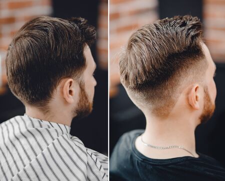 Before and after man in barber chair, hairdresser styling in barbershopの写真素材