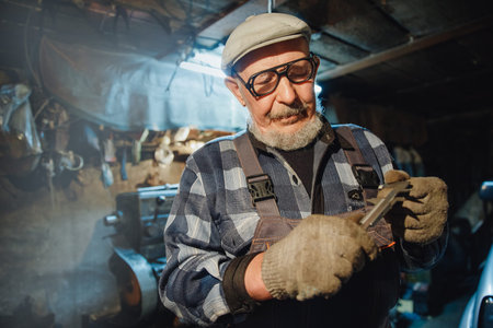 Senior elderly male turner handles metal on machine. Concept pension worker industrial, workplace