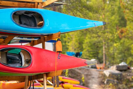 Color kayaks for rafting on tropical mountain riverの写真素材
