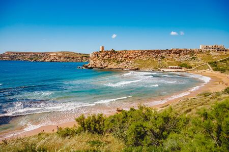 Golden Bay Malta summer tourist resort beach azure water sea, . Concept travelの写真素材