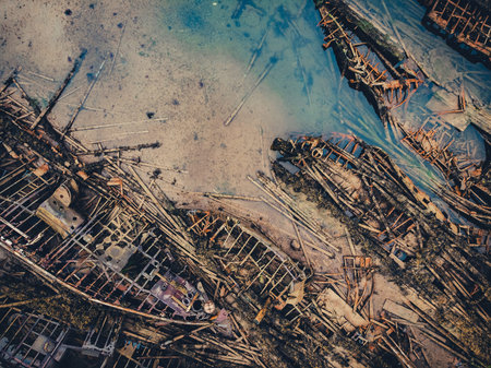 Cemetery of old ships in Teriberka Murmansk Russia, dramatic photo. Aerial top view