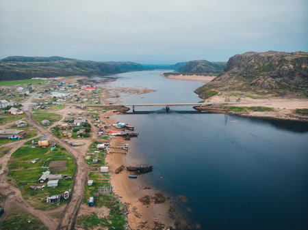 Panorama of village Teriberka Murmansk Russia. Aerial top view