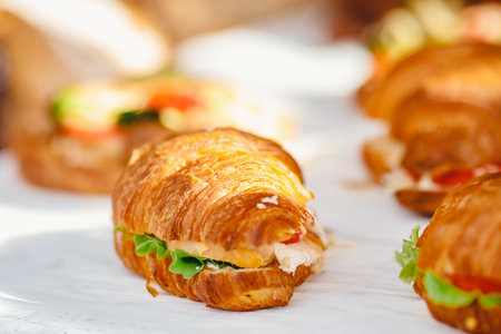 Sandwich croissants with green salad and jamon meat, european breakfast. Catering concept.
