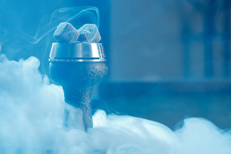 Banner Hookah or shisha bar, dark black smoke background