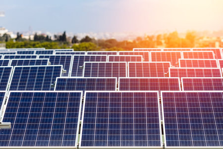 Set of solar panels mounted on roof of building. Renewable energy eco concept.