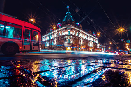 TOMSK, RUSSIA - September 25, 2019: Panorama night city scape in light of lanterns with moving carsのeditorial素材