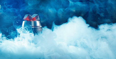 Banner Hookah or shisha bar, dark black smoke background
