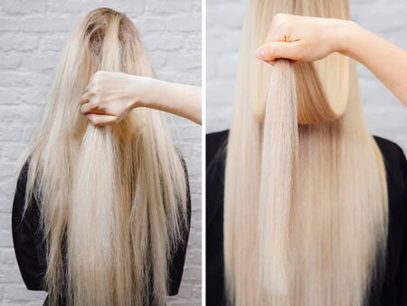 Sick, cut and healthy hair care straightening. Before and after treatment.の写真素材
