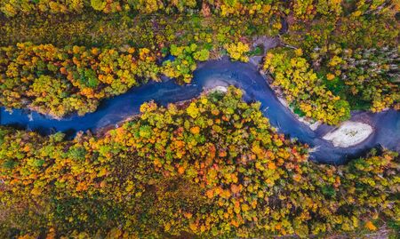 Autumn forest with yellow and red trees and blue river aerial viewの写真素材