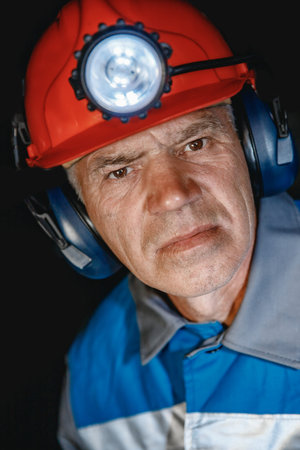 Portrait happy man miner after working in coal mine, dirty face in helmet. Concept vocation...