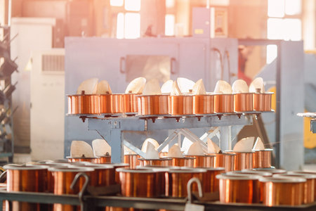 Production of copper wire, bronze cable in reels at factory