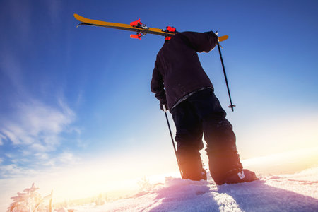 Skier skiing downhill during sunny day in mountains and forest. Extreme winter sportsの写真素材