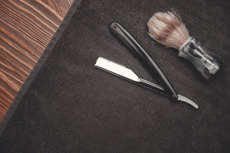 Shaving kit razor brush. Barbershop background for men beauty salon