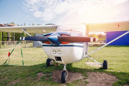 Storage aircraft with propeller, shelter of cabin from snow and rainの写真素材
