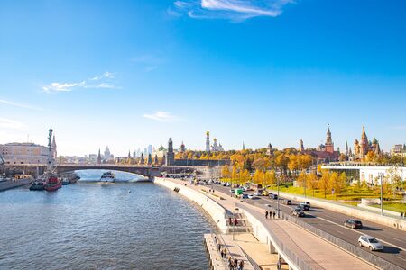 Moscow - October 13, 2018: Scenic panorama Zaryadye Park overlooking St Basil Cathedral and Kremlin, Russia autumnのeditorial素材