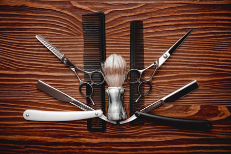 Barbershop background for men beauty salon, hairdresser tools scissors, razor, comb, copy space