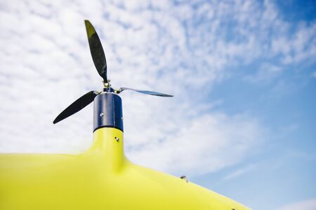 Launch RC hybrid aircraft model of electricity gasoline for mapping agriculture and people searchの写真素材