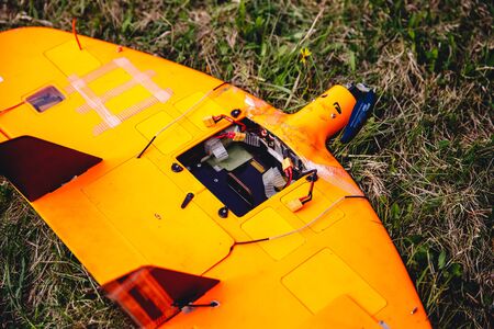 Launch RC hybrid aircraft model of electricity gasoline for mapping agriculture and people search.の写真素材