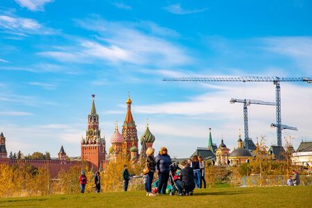 Moscow - October 13, 2018: Scenic panorama Zaryadye Park overlooking St Basil Cathedral and Kremlin, Russia autumnのeditorial素材