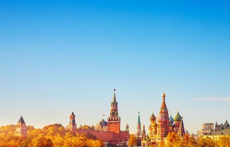 Spasskaya Tower Kremlin and Saint Basil Cathedral Red Square in Moscow, Russia autumn. Travel conceptの写真素材