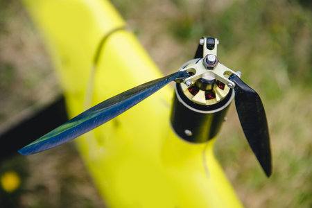 Close up electric motor with propeller aircraft model for cartography and militaryの写真素材