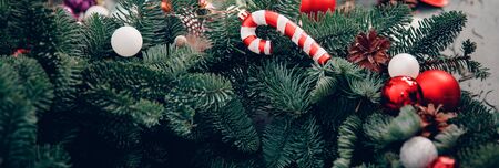 Top view decorating coniferous wreat Christmas tree workshop DIYの写真素材