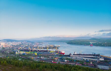 Murmansk, Russia - Aerial view panorama of city and northern port Kola Peninsulaの写真素材