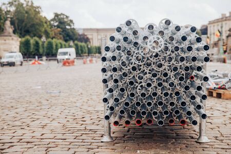 Pipes for mounting fences at public events, industrial backgroundの写真素材