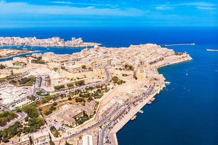 Valletta capital city of Malta. Panorama port and blue sea. Aerial top viewの写真素材