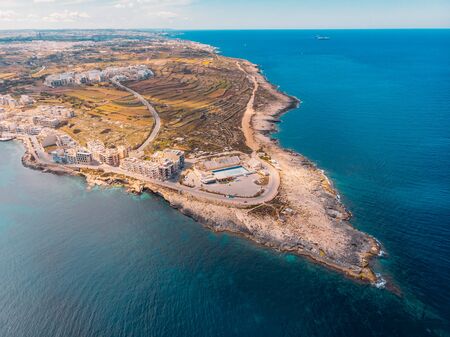 City Marsaskala Malta summer harbour water mediterranean sea blue. Aerial top viewの写真素材