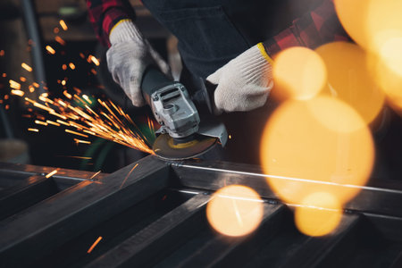 Woman working with angle grinder cuts and polishes metal after welding with spark