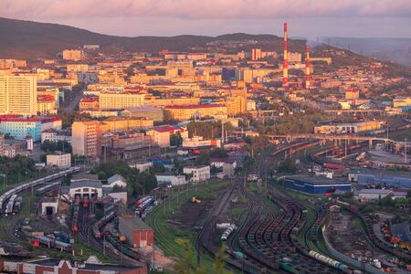 Murmansk, Russia - July 1, 2019: Panorama northern city. Cargo Port gulf of sea. Blue skyのeditorial素材