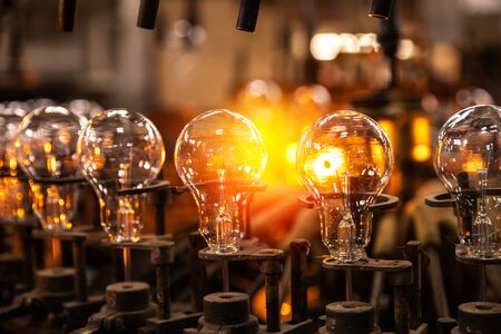 Automated workshop conveyor for production of glass lamps bulbs factoryの写真素材