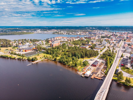 Lulea, Sweden - July 05, 2019: Panorama city, Cathedral sunny day, blue skyのeditorial素材