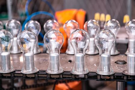 Automated workshop conveyor for production of glass lamps bulbs factory.の写真素材