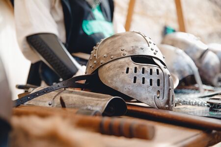 Exhibition of ancient armor, weapons, helmets from Viking steel Mdina Maltaの写真素材