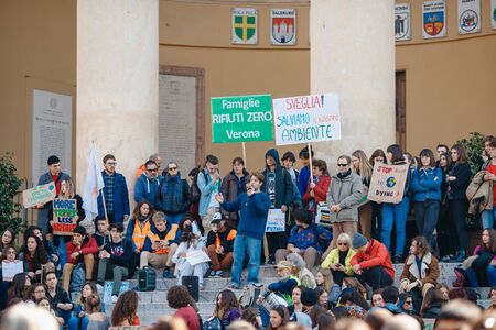 Verona, Italy - March 15, 2019: Rally protest against environmental pollution, zero waste. People with ban signs amphitheaterのeditorial素材