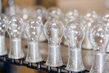 Automated workshop conveyor for production of glass lamps bulbs factory.の写真素材