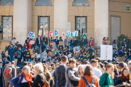 Verona, Italy - March 15, 2019: Rally protest against environmental pollution, zero waste. People with ban signs amphitheaterのeditorial素材