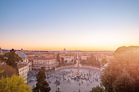 Rome piazza del popolo aerial rooftop view sunset silhouette old ancient architecture in Italyの写真素材