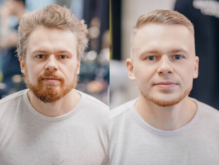 Before and after Man in barber chair, hairdresser styling in barbershopの写真素材