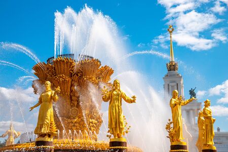 Moscow, Russia - July 29, 2019: fountain and park in VDNH sunny summer day, popular tourist landmarkのeditorial素材