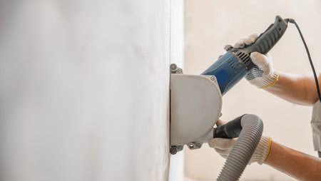 Builder worker cutting electrical chase in concrete wall with circulation saw drill diamond crown