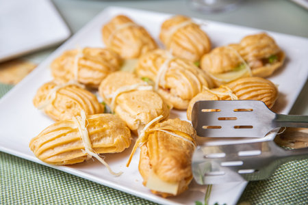 Catering service. Restaurant food canapes table with snack delicious dining