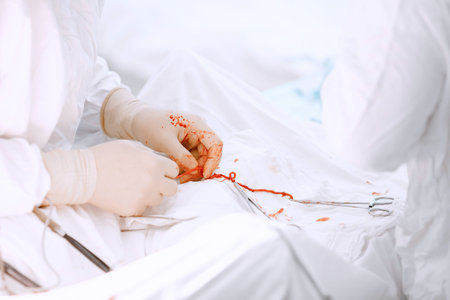 Doctor surgeon removes worm parasites from patient liver on operating table.