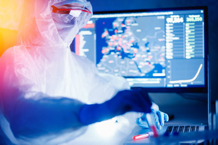 Analysis number of infected people  and world from virus, doctor in protective chemical suit with...