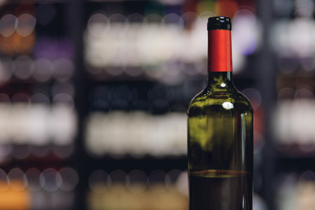 Open Bottle red wine background bar counter in restaurant, copy spaceの写真素材