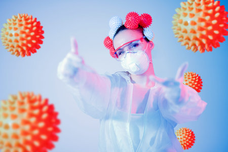 Stop epidemic coronavirus Medic woman in white hazmat protective respirator glasses. Concept panic...