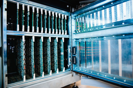 Close-up of microcircuit board for server computer, blue color