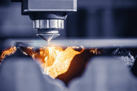 CNC gas cutting metal sheet, sparks fly. Blue steel color, modern industrial technology.